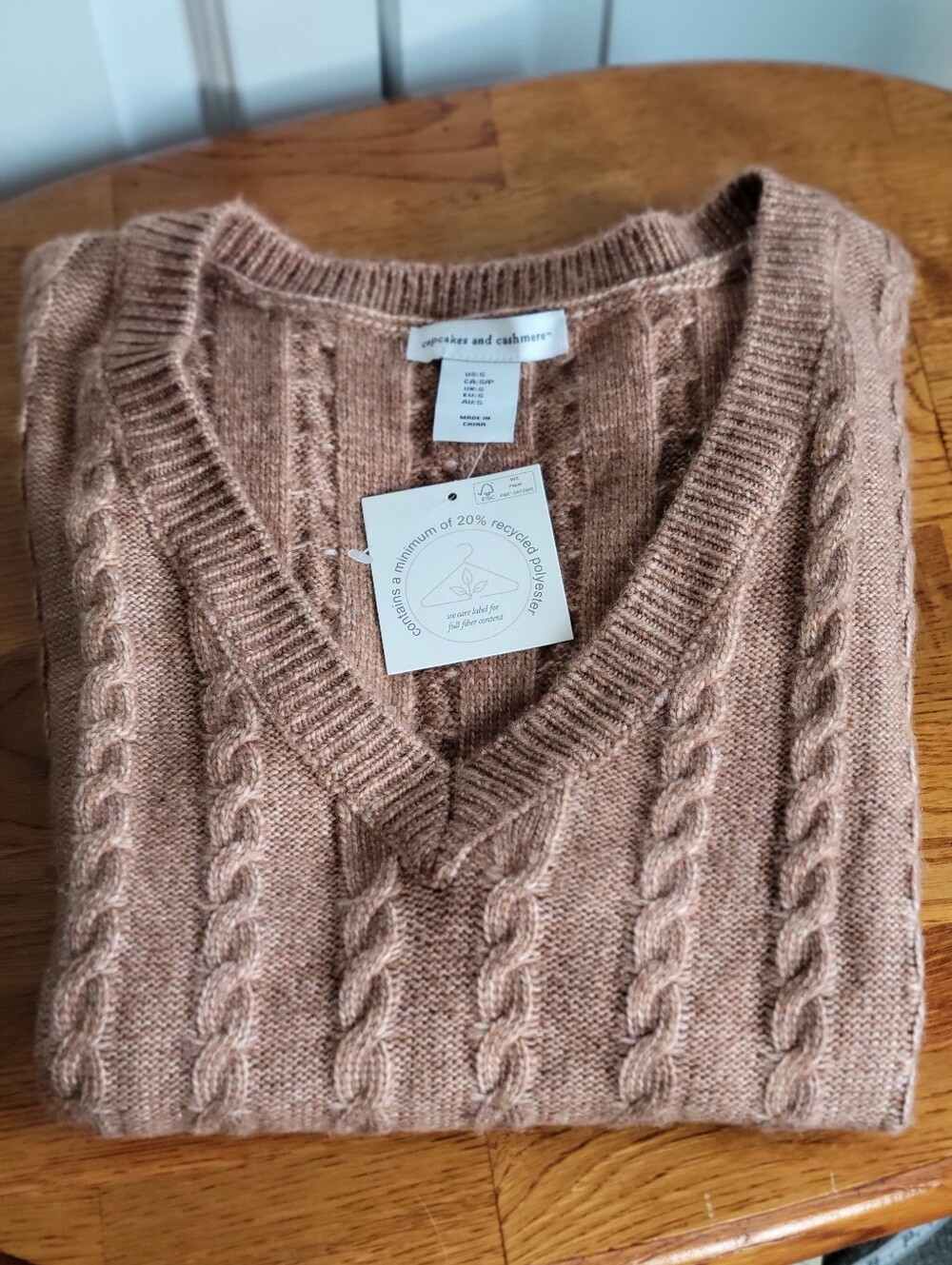 Cupcakes & Cashmere Cable Knit V-Neck Sweater Vest in Camel - Picture 3 of 5